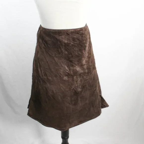 Vintage 1990s Chocolate Brown 100% Leather Sueded Skirt with Side Stitch - Picture 4 of 14